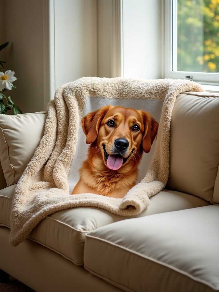 Custom pet portrait blanket draped over sofa, warm living room