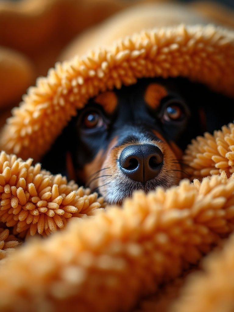 Close-up of velveteen plush blanket fabric showing dog portrait detail