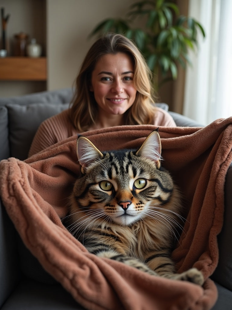 Emotional gift reveal - woman holding custom pet portrait blanket