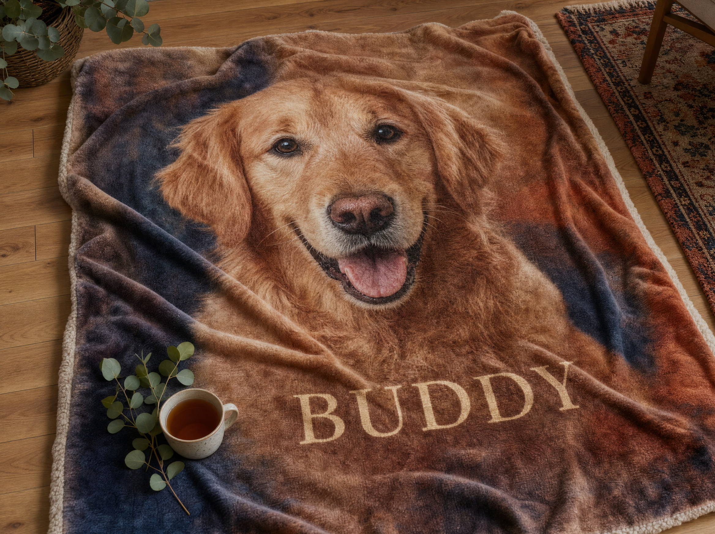 Custom pet portrait blanket - sample design with pet name