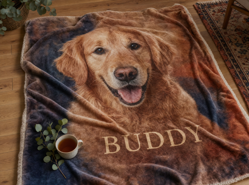 Custom pet portrait blanket - sample design with pet name