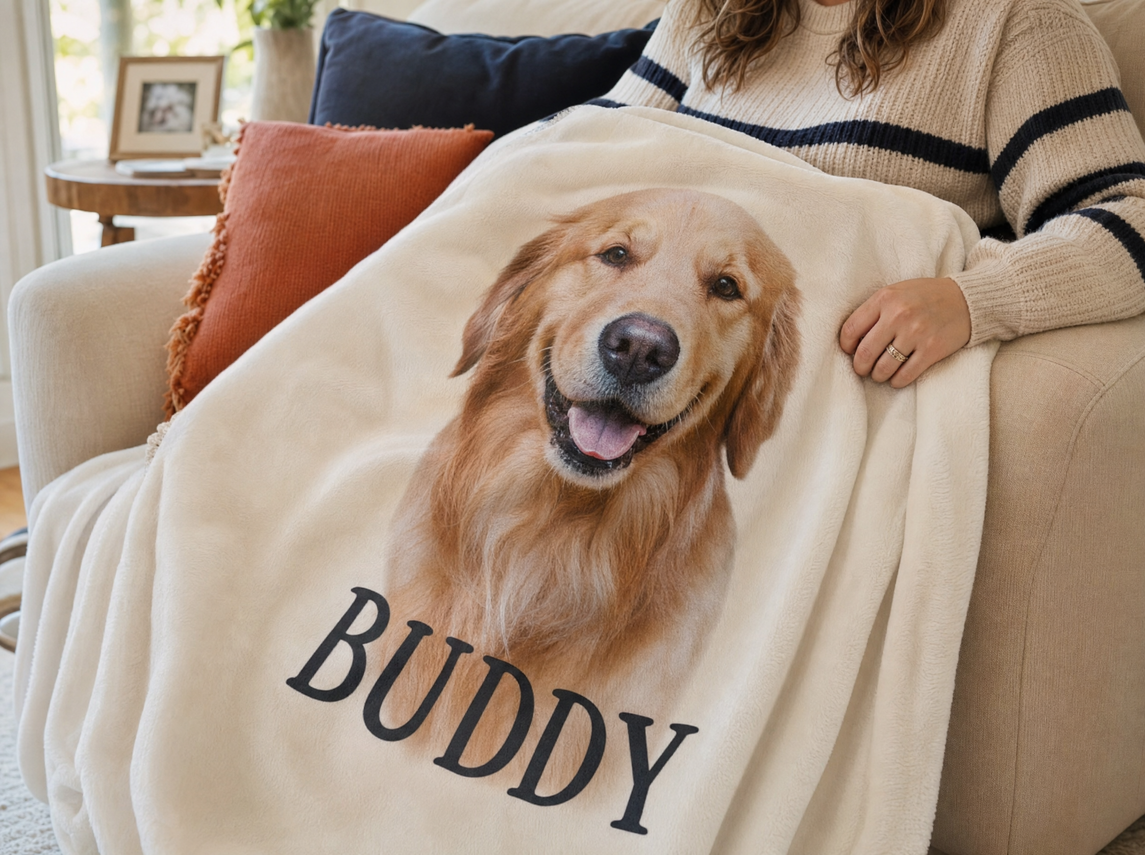 Custom pet portrait blanket in a cozy home setting