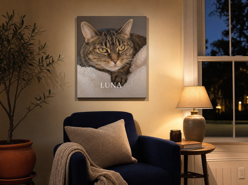 Custom pet portrait canvas in a cozy home setting