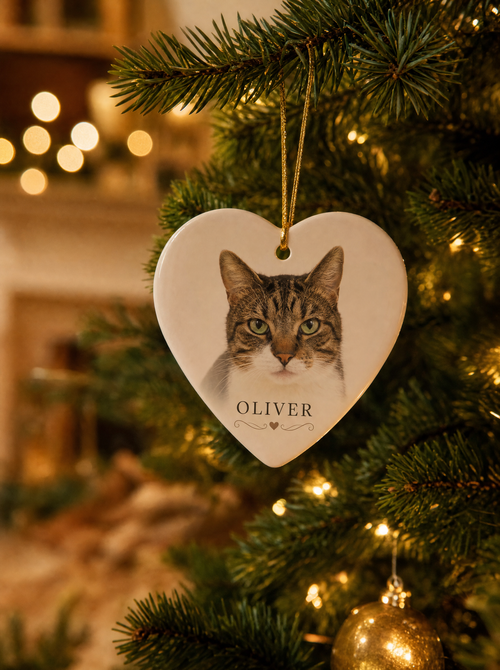 Custom pet portrait ornament in a cozy home setting