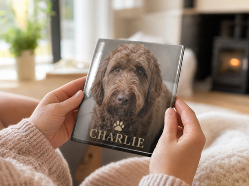 Custom pet portrait tile in a cozy home setting